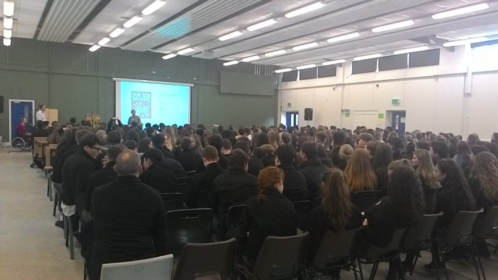 Speaking to a group of students in Patrician College, Newbridge